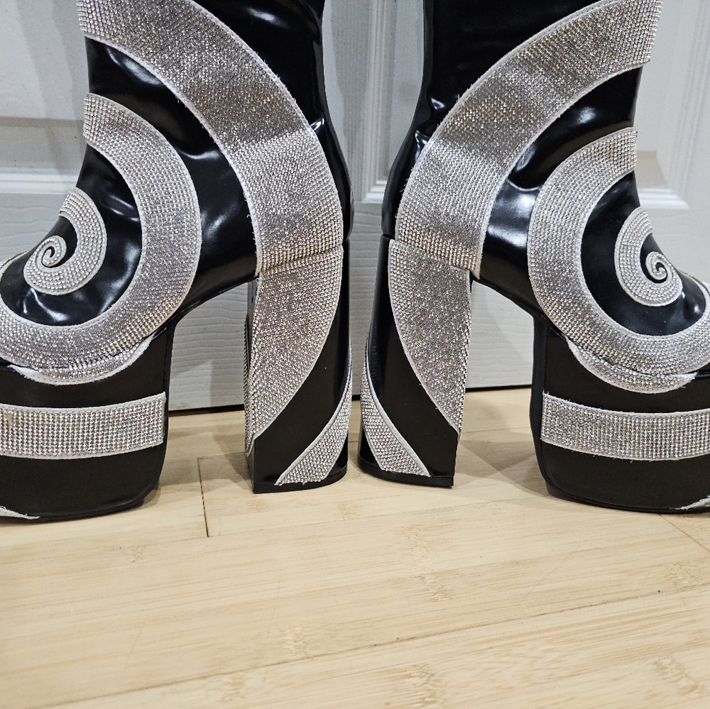 Dolls Kill Current Mood How Sweet It Is Platform Rhinestone Swirl Black Boots 8 - Picture 9 of 16